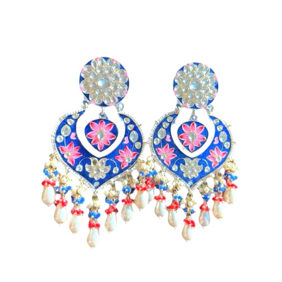 Jewelry - 4” Meenakari Blue and Pink Dangle Earrings